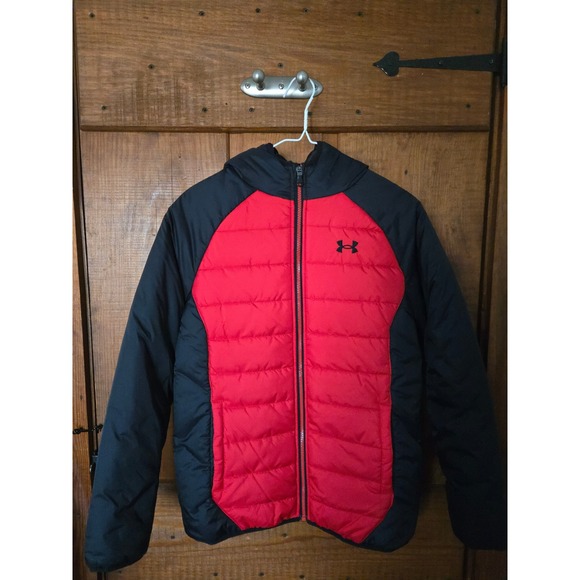 UNDER ARMOUR - Boys Puffer Hooded Jacket Red Black-Size YLG